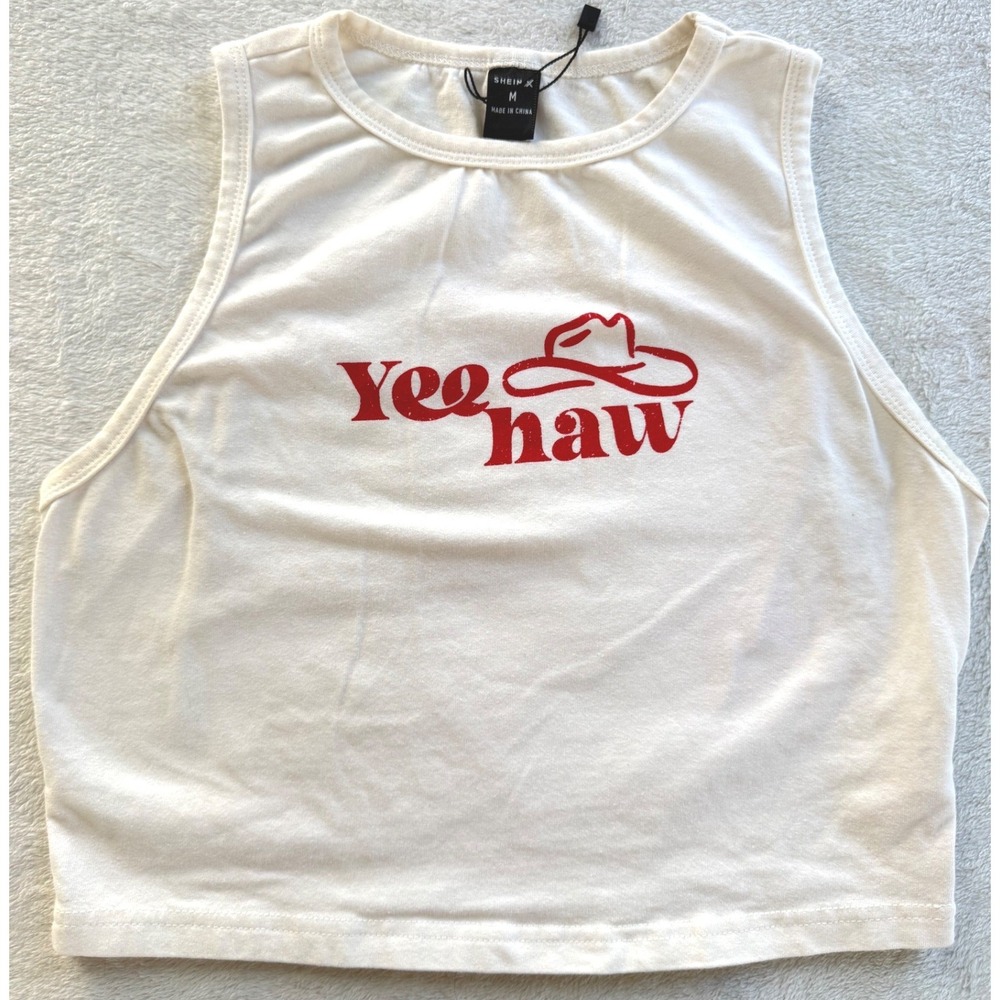 Yeehaw Graphic Crop Top Womens Medium Cream Cotton Blend Western Tank